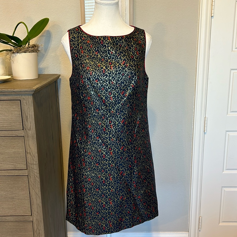 Betsey Johnson | Navy Red Gold Jacquard Leopard Print Shift Dress | 8